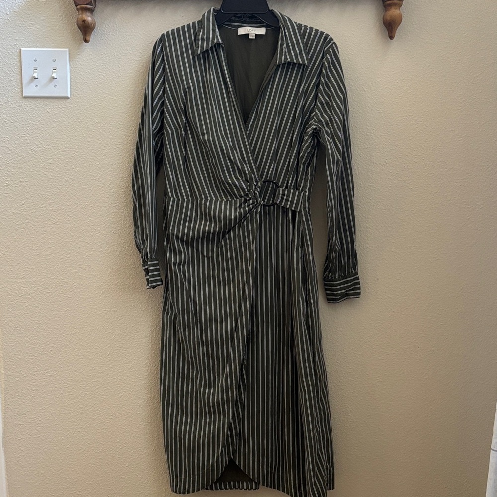 LOFT Olive Striped Long Sleeve Dress